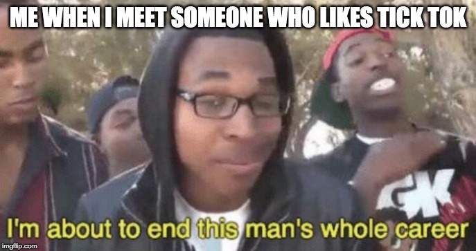 I’m about to end this man’s whole career | ME WHEN I MEET SOMEONE WHO LIKES TICK TOK | image tagged in im about to end this mans whole career | made w/ Imgflip meme maker