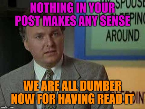 Billy Madison Insult | NOTHING IN YOUR POST MAKES ANY SENSE WE ARE ALL DUMBER NOW FOR HAVING READ IT | image tagged in billy madison insult | made w/ Imgflip meme maker