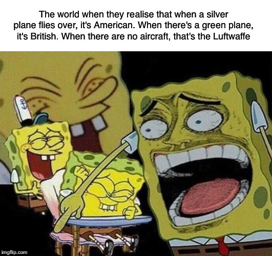 Spongebob laughing Hysterically | The world when they realise that when a silver plane flies over, it's American. When there's a green plane, it's British. When there are no aircraft, that's the Luftwaffe | image tagged in spongebob laughing hysterically | made w/ Imgflip meme maker