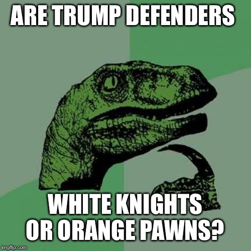 Philosoraptor Meme | ARE TRUMP DEFENDERS WHITE KNIGHTS OR ORANGE PAWNS? | image tagged in memes,philosoraptor | made w/ Imgflip meme maker