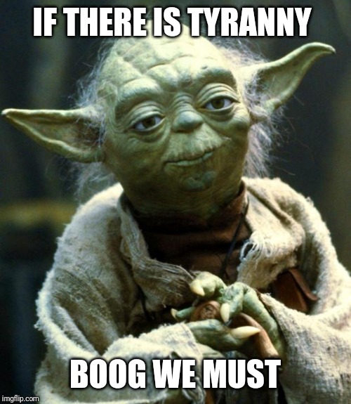 Star Wars Yoda | IF THERE IS TYRANNY; BOOG WE MUST | image tagged in memes,star wars yoda | made w/ Imgflip meme maker