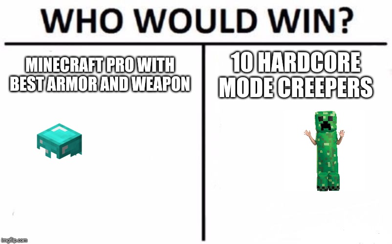 Vote for minecraft pro! | MINECRAFT PRO WITH BEST ARMOR AND WEAPON; 10 HARDCORE MODE CREEPERS | image tagged in memes,who would win,relatable,funny | made w/ Imgflip meme maker