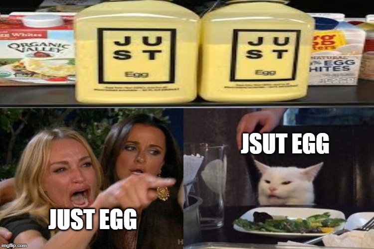 Juju Stst | JSUT EGG; JUST EGG | image tagged in woman yelling at cat,cats,funny cats,smudge the cat,eggs,cute cat | made w/ Imgflip meme maker