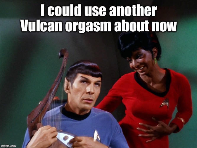 Star Trek Spock Lyre Uhura Out of Tune  | I could use another Vulcan orgasm about now | image tagged in star trek spock lyre uhura out of tune | made w/ Imgflip meme maker