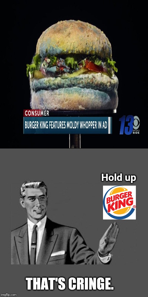 Burger King features moldy whopper in ad. | Hold up; THAT'S CRINGE. | image tagged in hold up,memes,meme,burger king,burger,cursed image | made w/ Imgflip meme maker
