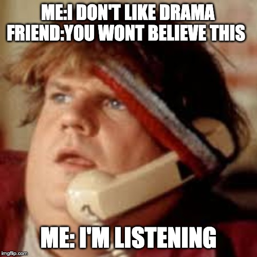 i'm listening | ME:I DON'T LIKE DRAMA FRIEND:YOU WONT BELIEVE THIS; ME: I'M LISTENING | image tagged in i'm listening | made w/ Imgflip meme maker