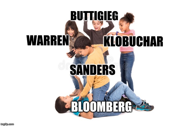 Democrat debate | BUTTIGIEG; WARREN; KLOBUCHAR; SANDERS; BLOOMBERG | image tagged in presidential debate,bloomberg,beatdown | made w/ Imgflip meme maker