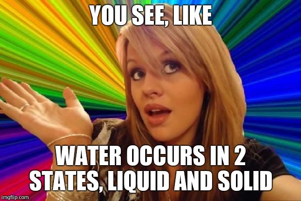 stupid girl meme | YOU SEE, LIKE WATER OCCURS IN 2 STATES, LIQUID AND SOLID | image tagged in stupid girl meme | made w/ Imgflip meme maker