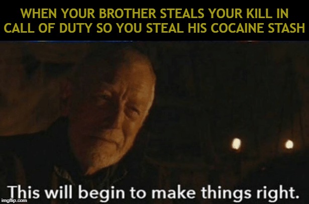 That is the law of equivalent exchange. | WHEN YOUR BROTHER STEALS YOUR KILL IN CALL OF DUTY SO YOU STEAL HIS COCAINE STASH | image tagged in call of duty,star wars | made w/ Imgflip meme maker