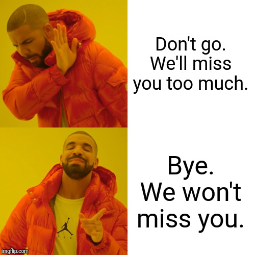 Will or Won't | Don't go. We'll miss you too much. Bye. We won't miss you. | image tagged in memes,drake hotline bling,miss,bye,will,not | made w/ Imgflip meme maker