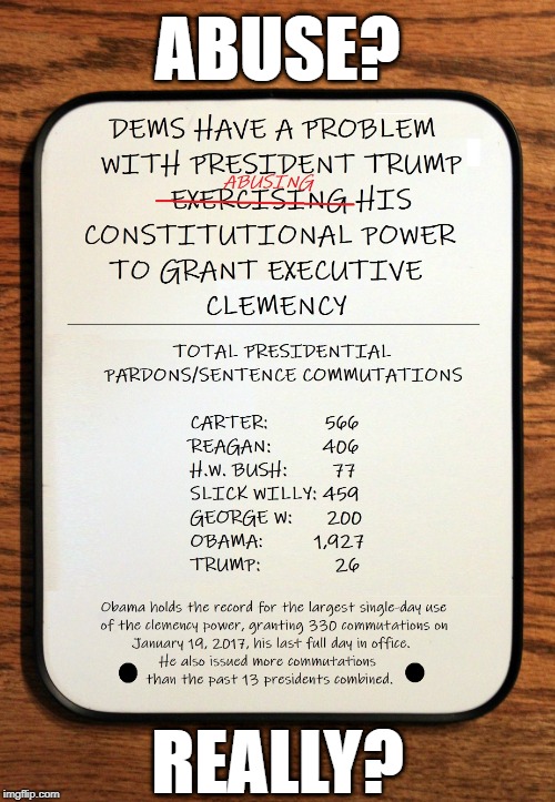 Constitutional Power, Abuse? | ABUSE? REALLY? | image tagged in pardon,commutation,sentence,trump,obama,abuse | made w/ Imgflip meme maker