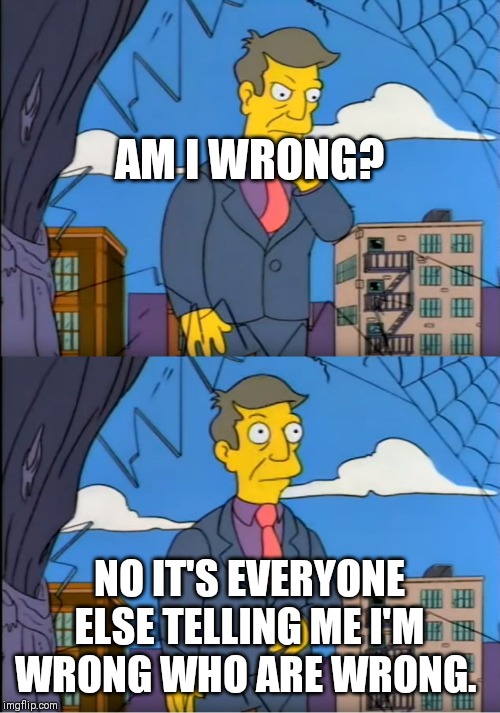 Skinner Out Of Touch | AM I WRONG? NO IT'S EVERYONE ELSE TELLING ME I'M WRONG WHO ARE WRONG. | image tagged in skinner out of touch | made w/ Imgflip meme maker