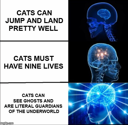 Cats have 9 lives and are the guardians of the underworld. |  CATS CAN JUMP AND LAND
PRETTY WELL; CATS MUST HAVE NINE LIVES; CATS CAN 
SEE GHOSTS AND 
ARE LITERAL GUARDIANS 
OF THE UNDERWORLD | image tagged in galaxy brain 3 brains,cats,nine lives,underworld,ghosts,guardians | made w/ Imgflip meme maker