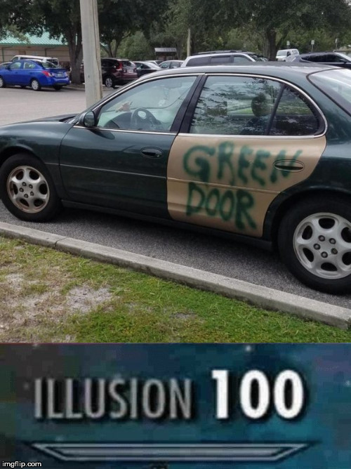 image tagged in illusion 100,car,green,door,paint | made w/ Imgflip meme maker