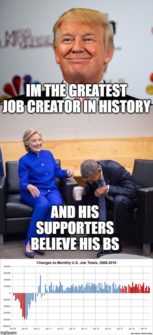 Trump supporters = gullible and gaslit | IM THE GREATEST JOB CREATOR IN HISTORY; AND HIS SUPPORTERS BELIEVE HIS BS | image tagged in obama hillary,politics,economy,impeach trump,maga,liar | made w/ Imgflip meme maker