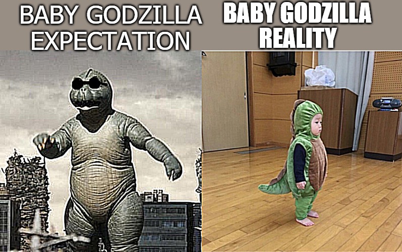 BABY GODZILLA; BABY GODZILLA EXPECTATION; REALITY | image tagged in godzilla | made w/ Imgflip meme maker
