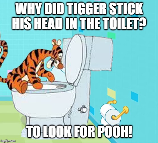 Tigger | WHY DID TIGGER STICK HIS HEAD IN THE TOILET? TO LOOK FOR POOH! | image tagged in funny | made w/ Imgflip meme maker