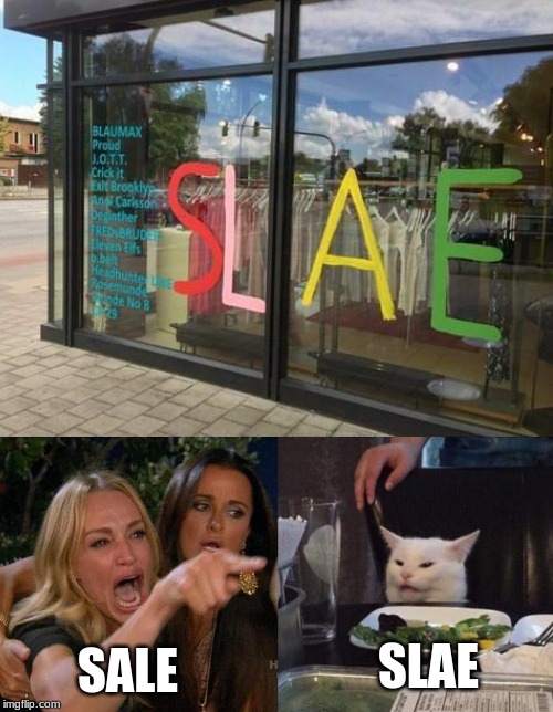 SLAE; SALE | image tagged in memes,woman yelling at cat | made w/ Imgflip meme maker