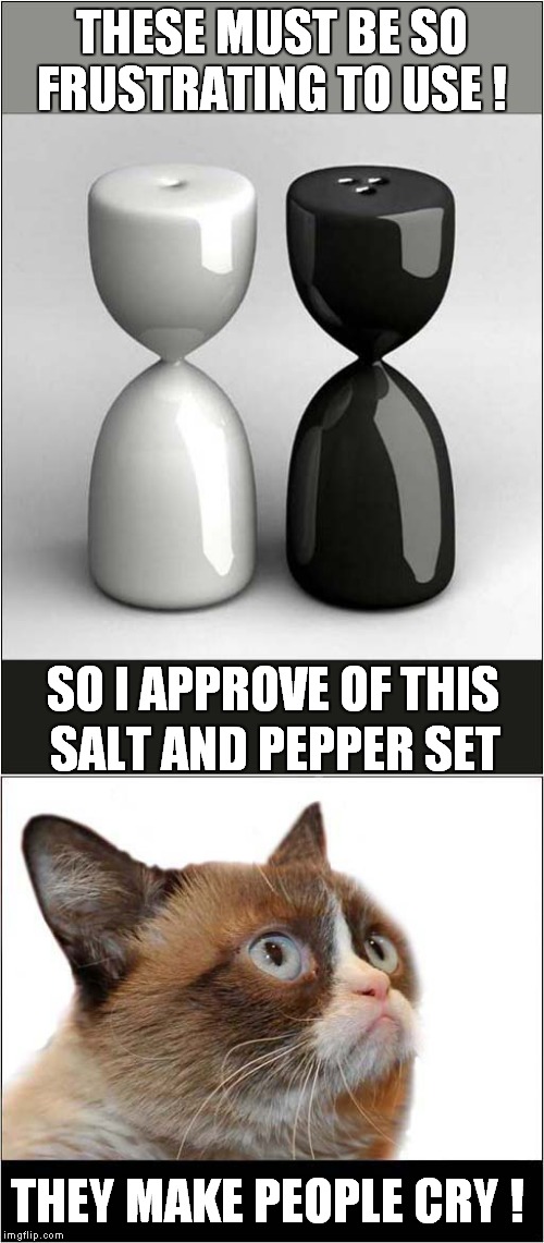 Grumpys Approval of Design | THESE MUST BE SO FRUSTRATING TO USE ! SO I APPROVE OF THIS; SALT AND PEPPER SET; THEY MAKE PEOPLE CRY ! | image tagged in fun,grumpy cat,design | made w/ Imgflip meme maker