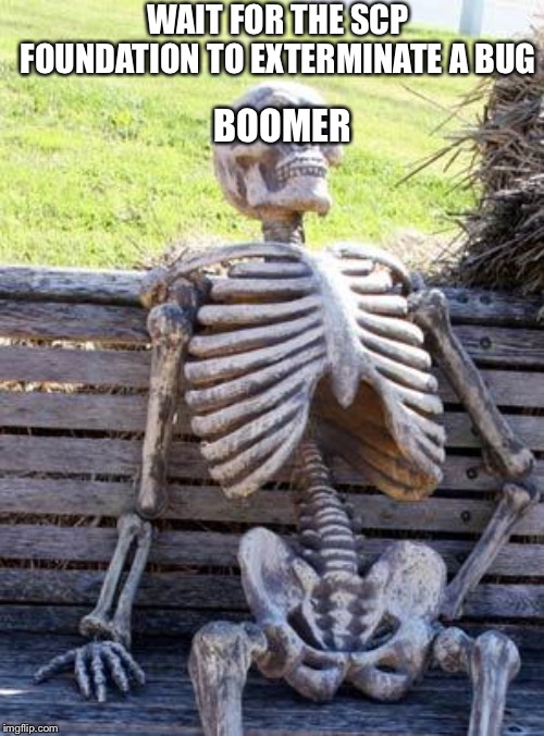 Waiting Skeleton Meme | WAIT FOR THE SCP FOUNDATION TO EXTERMINATE A BUG; BOOMER | image tagged in memes,waiting skeleton | made w/ Imgflip meme maker
