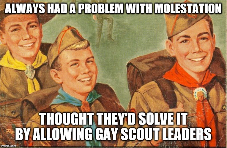 boy scouts | ALWAYS HAD A PROBLEM WITH MOLESTATION; THOUGHT THEY'D SOLVE IT BY ALLOWING GAY SCOUT LEADERS | image tagged in boy scouts | made w/ Imgflip meme maker