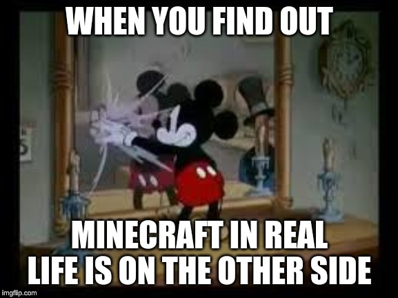 Mickey Mouse | WHEN YOU FIND OUT; MINECRAFT IN REAL LIFE IS ON THE OTHER SIDE | image tagged in mickey mouse | made w/ Imgflip meme maker