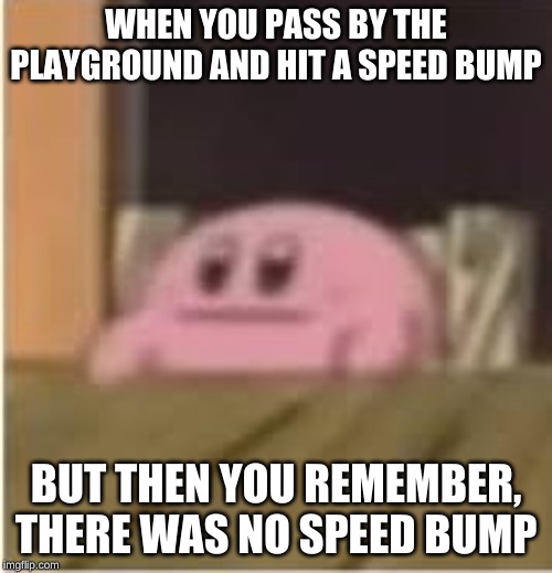 Kirby | WHEN YOU PASS BY THE PLAYGROUND AND HIT A SPEED BUMP; BUT THEN YOU REMEMBER, THERE WAS NO SPEED BUMP | image tagged in kirby | made w/ Imgflip meme maker