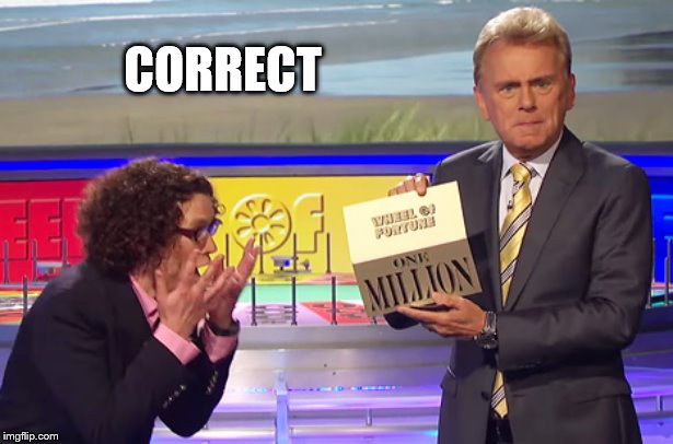 Wheel of Fortune Winner | CORRECT | image tagged in wheel of fortune winner | made w/ Imgflip meme maker