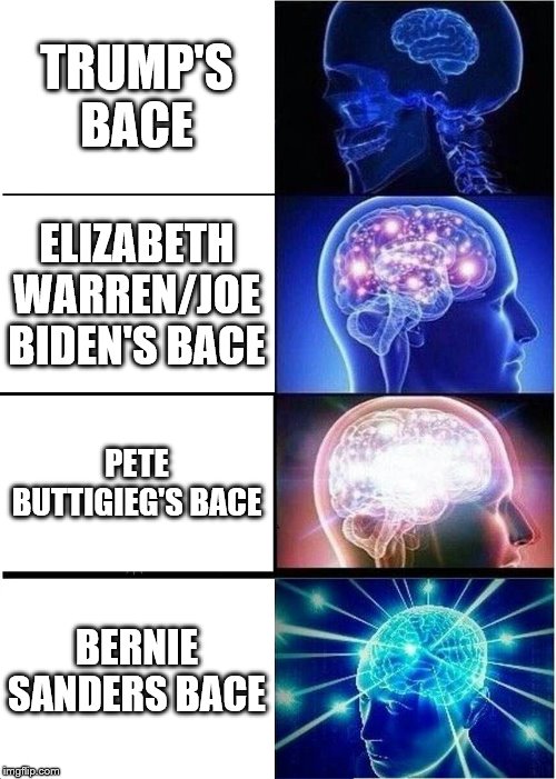 Expanding Brain Meme | TRUMP'S BACE; ELIZABETH WARREN/JOE BIDEN'S BACE; PETE BUTTIGIEG'S BACE; BERNIE SANDERS BACE | image tagged in memes,expanding brain | made w/ Imgflip meme maker