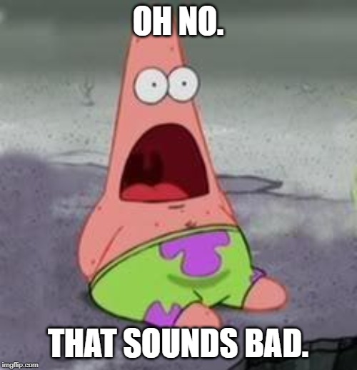 Suprised Patrick | OH NO. THAT SOUNDS BAD. | image tagged in suprised patrick | made w/ Imgflip meme maker