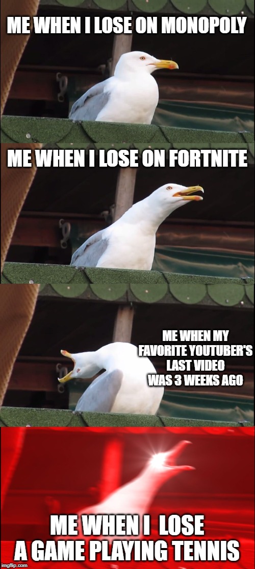 Inhaling Seagull | ME WHEN I LOSE ON MONOPOLY; ME WHEN I LOSE ON FORTNITE; ME WHEN MY FAVORITE YOUTUBER'S LAST VIDEO WAS 3 WEEKS AGO; ME WHEN I  LOSE A GAME PLAYING TENNIS | image tagged in memes,inhaling seagull | made w/ Imgflip meme maker