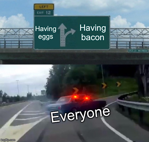 Left Exit 12 Off Ramp Meme | Having eggs; Having bacon; Everyone | image tagged in memes,left exit 12 off ramp | made w/ Imgflip meme maker