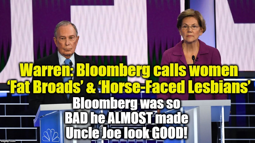 Tell us what you really think! | Bloomberg was so BAD he ALMOST made Uncle Joe look GOOD! Warren: Bloomberg calls women ‘Fat Broads’ & ‘Horse-Faced Lesbians’ | image tagged in politics,political meme,politics lol,political humor,politicians,democrats | made w/ Imgflip meme maker