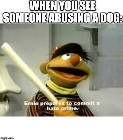Ernie Prepares to commit a hate crime | WHEN YOU SEE SOMEONE ABUSING A DOG: | image tagged in ernie prepares to commit a hate crime | made w/ Imgflip meme maker