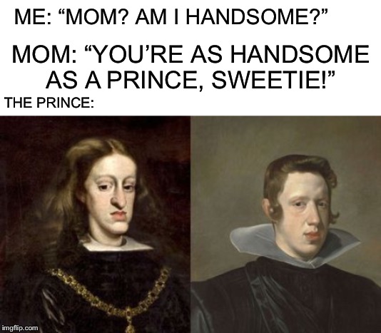 YOU DO NOT want that Hapsburg chin! | ME: “MOM? AM I HANDSOME?”; MOM: “YOU’RE AS HANDSOME AS A PRINCE, SWEETIE!”; THE PRINCE: | image tagged in blank white template,incest,history,historical meme,historical,history channel | made w/ Imgflip meme maker