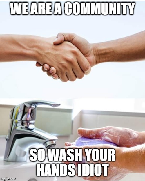 Wash Your Hands Idiot | WE ARE A COMMUNITY; SO WASH YOUR HANDS IDIOT | image tagged in shake and wash hands,memes,funny,wash your hands idiot,idiot | made w/ Imgflip meme maker