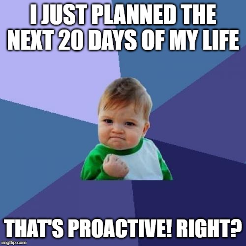 Planning 20 Days of My Life | I JUST PLANNED THE NEXT 20 DAYS OF MY LIFE; THAT'S PROACTIVE! RIGHT? | image tagged in memes,success kid,proactive,school,funny | made w/ Imgflip meme maker