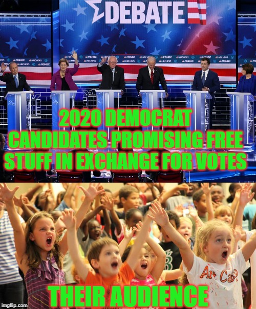 CAN I BUY YOUR VOTE?? | 2020 DEMOCRAT CANDIDATES PROMISING FREE STUFF IN EXCHANGE FOR VOTES; THEIR AUDIENCE | image tagged in american politics | made w/ Imgflip meme maker