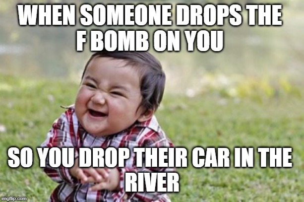 Evil Toddler | WHEN SOMEONE DROPS THE 
F BOMB ON YOU; SO YOU DROP THEIR CAR IN THE 
RIVER | image tagged in memes,evil toddler | made w/ Imgflip meme maker
