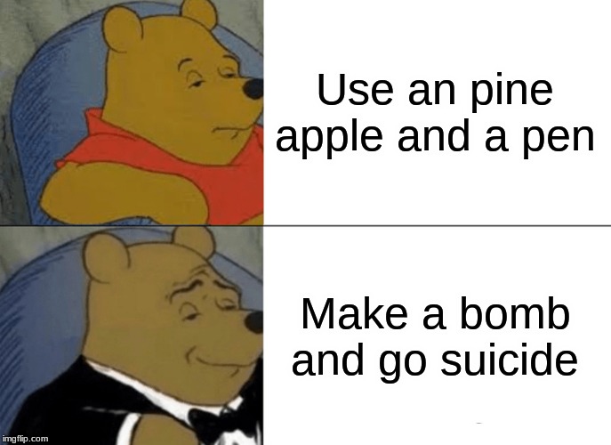 Tuxedo Winnie The Pooh Meme | Use an pine apple and a pen Make a bomb and go suicide | image tagged in memes,tuxedo winnie the pooh | made w/ Imgflip meme maker