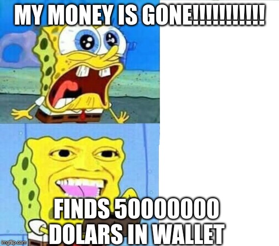 Spongebob Wallet | MY MONEY IS GONE!!!!!!!!!!! FINDS 50000000 DOLARS IN WALLET | image tagged in spongebob wallet | made w/ Imgflip meme maker