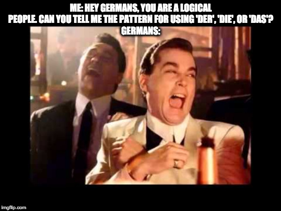 Ray Liota Luagh | ME: HEY GERMANS, YOU ARE A LOGICAL PEOPLE. CAN YOU TELL ME THE PATTERN FOR USING 'DER', 'DIE', OR 'DAS'?
GERMANS: | image tagged in ray liota luagh | made w/ Imgflip meme maker