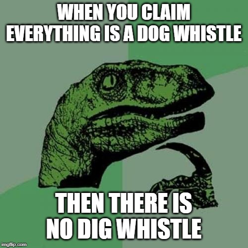 Philosoraptor Meme | WHEN YOU CLAIM EVERYTHING IS A DOG WHISTLE THEN THERE IS NO DIG WHISTLE | image tagged in memes,philosoraptor | made w/ Imgflip meme maker