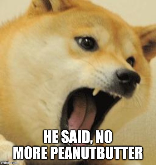 angry doge | HE SAID, NO MORE PEANUTBUTTER | image tagged in angry doge | made w/ Imgflip meme maker