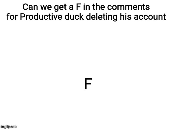 Blank White Template | F; Can we get a F in the comments for Productive duck deleting his account | image tagged in blank white template | made w/ Imgflip meme maker