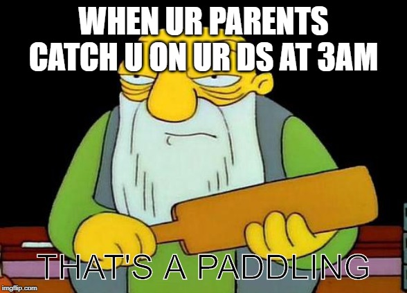 That's a paddlin' Meme | WHEN UR PARENTS CATCH U ON UR DS AT 3AM; THAT'S A PADDLING | image tagged in memes,that's a paddlin' | made w/ Imgflip meme maker