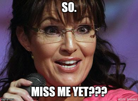 Sarah Palin crazy | SO. MISS ME YET??? | image tagged in sarah palin crazy | made w/ Imgflip meme maker