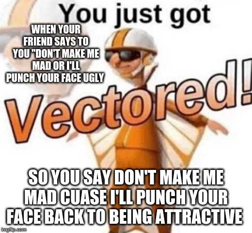 You just got vectored | WHEN YOUR FRIEND SAYS TO YOU "DON'T MAKE ME MAD OR I'LL PUNCH YOUR FACE UGLY; SO YOU SAY DON'T MAKE ME MAD CAUSE I'LL PUNCH YOUR FACE BACK TO BEING ATTRACTIVE | image tagged in you just got vectored | made w/ Imgflip meme maker