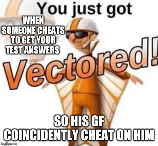 You just got vectored | WHEN SOMEONE CHEATS TO GET YOUR TEST ANSWERS; SO HIS GF COINCIDENTLY CHEAT ON HIM | image tagged in you just got vectored | made w/ Imgflip meme maker