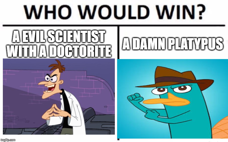 Who Would Win? Meme | A EVIL SCIENTIST WITH A DOCTORITE; A DAMN PLATYPUS | image tagged in memes,who would win | made w/ Imgflip meme maker